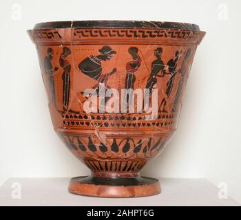 Antike Griechische. Pyxis (Container für persönliche Gegenstände). 550 v. Chr. - 500 v. Chr.. Griechenland. Terracotta, in der schwarz-Abbildung Technik eingerichtet Stockfoto