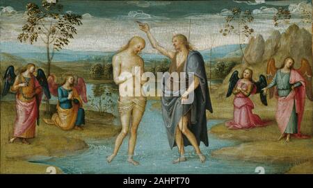 Perugino. Die Taufe Christi. 1500 - 1505. Italien. Tempera auf Holz, auf Leinwand Perugino Serene's und seriöse Kunst übertragen wurde weithin einflussreichen in seinem gebürtigen Region Umbrien und darüber hinaus die meisten berühmt durch seinen Kontakt mit dem jungen Raphael. Diese vier Panels, zusammen mit einer anderen Darstellung der Auferstehung, heute im Metropolitan Museum of Art, New York, einmal stellte eine PREDELLA - eine Reihe von kleinen Bilder, die oft mit narrativen Inhalt und bildet die Basis für ein Altarbild. In diesem Fall ist die Malerei, die oberhalb der Predella als Brennpunkt des Retabels positioniert wurde, ist u Stockfoto