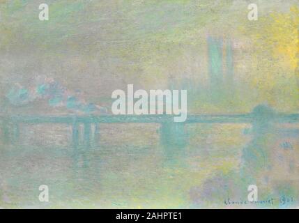 Claude Monet. Charing Cross Bridge, London. 1901. Frankreich. Öl auf Leinwand Beginn im September 1899, Claude Monet aus fast hundert Gemälde der Themse in London. Diese Werke zeigen nur drei verschiedene Ansichten - Charing Cross Bridge und Waterloo Bridge, sowohl aus dem Savoy Hotel gemalt; und die Häuser des Parlaments, von der St. Thomas's Hospital gemalt. In der Smoggy, industrielle Stadt, Monet herausgefordert, sich Wirkungen von Licht durch eine dichte atmosphärische Bildschirm gesehen zu erfassen. Über die geradlinige Skelett von Charing Cross Bridge-erinnert an Brücken in japanische Drucke, die t Stockfoto