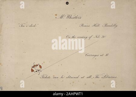 James McNeill Whistler (Ausgestellt durch). Einladung von Herrn Whistler's zehn Uhr. 1885. In den Vereinigten Staaten. Gravur in Schwarz mit Ergänzungen in Feder und schwarzer Tusche und Aquarell auf tan-card, mit metalldichtscheibe am 20. Februar 1885, Whistler lieferte die "Ten O'Clock", eine einstündige öffentliche Vorlesung über Kunst, einem Publikum aus modischen Londoner einschließlich Künstler, Händler und Mitglieder der Presse. Er wählte die unkonventionelle Zeit - zwei Stunden später als die meisten Abendveranstaltungen - eine Masse zu gewährleisten, und er trug die Dienstleistungen des theatralischen Produzent Richard D'Oyly Carte und Carte Manager, Helen Len Stockfoto