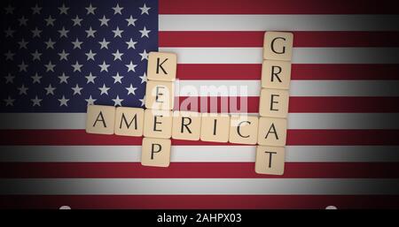 USA Politik Konzept: Buchstabensteine Amerika große Auf der US-Flagge, 3D-Illustration Halten Stockfoto