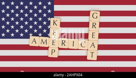 USA Politik Konzept: Buchstabensteine Amerika große Auf der US-Flagge, 3D-Illustration Halten Stockfoto