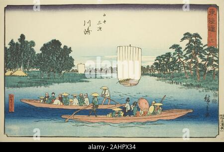 Utagawa Hiroshige. Kawasaki Die Rokugo Fähre (Kawasaki, Rokugo no Roger) - Nr. 3, aus der serie Dreiundfünfzig Stationen des Tokaido (Tokaido gojusan tsugi), auch bekannt als die Reisho Tokaido. 1842 - 1857. Japan. Farbe holzschnitt; Oban Stockfoto