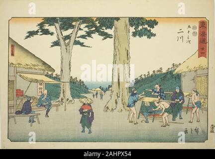 Utagawa Hiroshige. Futakawa Sarugababa-Nr. 34, aus der serie Dreiundfünfzig Stationen des Tokaido (Tokaido gojusan tsugi), auch als reisho Tokaido bekannt. 1842 - 1857. Japan. Farbe holzschnitt; Oban Stockfoto