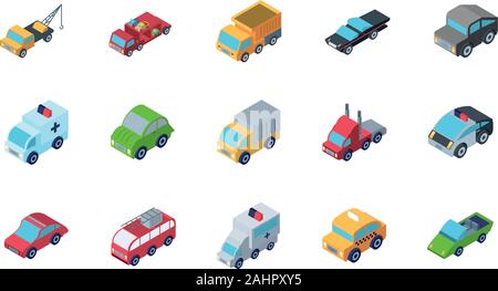 Isometrische Autos Icon Set Design, Transport Fahrzeug transport Radgeschwindigkeit Verkehr Straßen und Reisen Thema Vector Illustration Stock Vektor