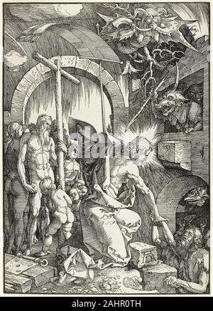 Albrecht Dürer. Die erschütternden der Hölle - Christus in der Vorhölle, Platte 9 aus der großen Leidenschaft. 1510. Deutschland. Holzschnitt in Schwarz auf Elfenbein Bütten Dieser holzschnitt Teil der berühmten Albrecht Dürers Reihe von 12 Drucke, die die Passion Christi wurde. Im Jahr 1511 veröffentlichte, druckt die Illustrierte ein Text durch den Mönch Benedictus Chelidonius. Die erschütternden der Hölle aufgetreten ist sofort nach der Kreuzigung Christi, wenn er in die Hölle hinabgestiegen die guten Seelen, die vor Seinem eigenen Tod gestorben waren, zu lösen. Stockfoto