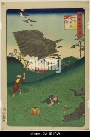 Utagawa Hiroshige II (shigenobu). Verrechnung Wildgänse auf dem Hügel bei Okoshi, iyo Provinz (iyo Okoshi kamo Saka ami) aus der Serie "Hundert berühmten Blick in den verschiedenen Provinzen (Shokoku meisho hyakkei)". 1826 - 1869. Japan. Farbe holzschnitt Stockfoto