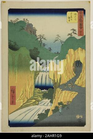 Utagawa Hiroshige. Sakanoshita Kannon in der Höhle (Sakanoshita, Gankutsu keine kannon), No. 49 aus der Serie bekannten Sehenswürdigkeiten der 53 Stationen (Gojusan tsugi meisho zue), auch bekannt als der Vertikalen Tokaido. 1855. Japan. Farbe holzschnitt; Oban Stockfoto