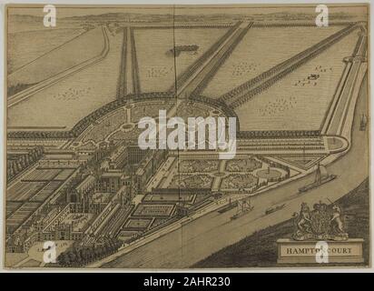 Johannes Kip (Stecher). Hampton Court, Platte sechs aus Britannia Illustrata. 1707. Niederlande. Radierung, mit Gravur, in Schwarz auf tan Bütten Stockfoto