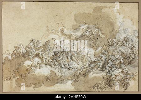 Giovanni Battista Gaulli. Detail Studie für die Übernahme von St. Agnes. 1670 - 1690. Italien. Feder und Tinte, braun mit Pinsel und Braun waschen, mit weißen Gouache verstärkt, über Schwarze Kreide, auf tan Bütten Gaulli ausgeführt, seine erste große Kommission, der vier großen Fresken für die pamphili Familie zwischen 1666 und 1672 in der Kirche von Sant'Agnese in der Piazza Navona, Rom. Wenn das original Artist gewählt für das Projekt starb, Gaulli war einer von mehreren eingeladen, über das Werk, und dies scheint eines seiner frühen Studien für das Projekt sein. Es zeigt die Heiligen und Engel unter der Clou sitzt Stockfoto