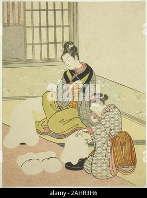 Suzuki Harunobu. Abend Schnee auf einem Floss Shaper (Nurioke keine bosetsu), aus der serie Acht Ansichten von der Stube (Zashiki hakkei). 1761-1770. Japan. Farbe holzschnitt; chuban Stockfoto