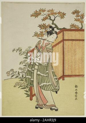 Suzuki Harunobu. Junge Mann spielt die Flöte neben einem Zaun. 1762-1770. Japan. Farbe holzschnitt; chuban Stockfoto