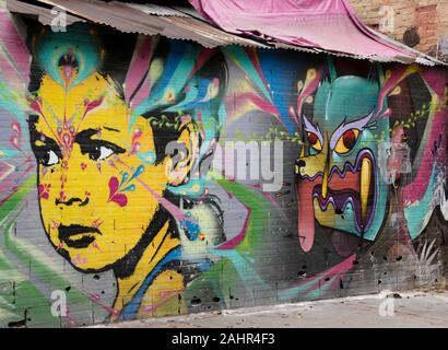 Street Art im Außenbereich von Gebäude in La Candelaria Stadtteil von Bogota, Kolumbien gemalt; Urban Artist Stinkfish malte die gelbe Teilfläche auf der linken Seite Stockfoto