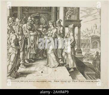 Philip Galle. Judith, die Ältesten von Bethulia, Platte drei aus der Geschichte von Judith und Holofernes. 1564. Niederlande. Gravur in Schwarz auf Elfenbein Bütten seit der Renaissance der biblischen Geschichte der listige Witwe Judith Töten der Assyrischen General Holofernes in einer Vielzahl von Kunstwerken. Nicht selten hat die Erzählung vollständig dargestellt worden. Diese Philip Galle Stiche einfach viel mehr von der Geschichte, vom Schlüpfen der teuflischen Assyrischen Grundstück die Israeliten zu erobern, bis zu dem Moment des Holofernes Körper entdeckt wird. Die Mitglieder der Familie von prolific Galle Kunstgrafiker Stockfoto