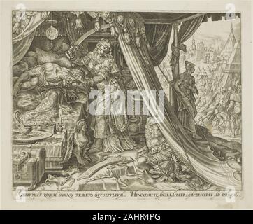 Philip Galle. Judith Holofernes, Slaying Platte sechs aus der Geschichte von Judith und Holofernes. 1564. Niederlande. Gravur in Schwarz auf Elfenbein Bütten Stockfoto