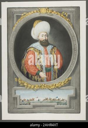 John Young. Ich Bajazet Kahn, von Porträts der Kaiser von der Türkei. 1815. England. Schabkunst, von Hand gefärbt mit Pinsel und Wasserfarben, auf Elfenbein webte Papier Die vierte Osmanischen Sultan bajazet ich (oder Bayezid), von 1389 bis 1403 regierten. Als "Thunderbolt" bekannt, ein Spitzname während militärischer Kampagnen unter seinem Vater, Amurat ich, sowie unter seiner eigenen Herrschaft gewonnen, er wurde schließlich durch Tamerlane im Jahre 1402 in Ankara gefangengenommen. Stockfoto