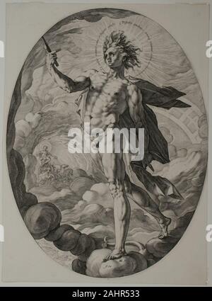 Hendrick Goltzius. Apollo. 1588. Niederlande. Gravur mit schwarzer Tinte auf weißem Papier Hendrick Goltzius war auf der Höhe seines Ruhmes als Grafiker und Verleger, wenn er gravierte dieser dramatischen oval, Apollo, in 1588. Seinen niederländischen Manierismus verleiht der Komposition mit einem gewundenen Energie; wie die Sonne Gott Fortschritte, seine Haare in Flammen, den er fast dringt in den Raum des Betrachters. Übertrieben Anatomie der Figur und Pose demonstriert die Goltzius laufenden Interessen in der Mythologie und antike Skulptur. Die Apollo passend paarweise mit dem Goltzius 1592 Apollo Belvedere. Goltzius angefahren, dass s Stockfoto