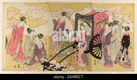 Eishi Chôbunsai. Edle Frau, die in einem Schlitten anzeigen Cherry Blossoms. 1791 - 1801. Japan. Farbe holzschnitt; Oban Triptychon Stockfoto