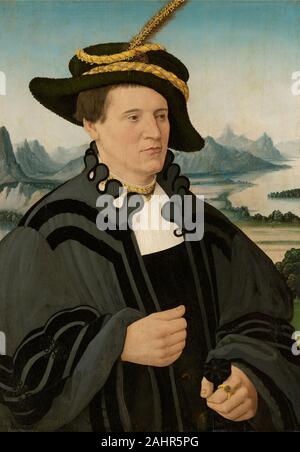 Conrad Faber. Portrait von Fridrich Rorbach. 1532. Deutschland. Öl auf Leinwand Das Porträt als Dokument einer Ehe gedient haben. Friedrich rorbach's Name, Alter, und Wappen, zusammen mit dem Datum, sind auf der Rückseite der Platte, die ursprünglich mit einem Portrait seiner Frau gekoppelt wurde gemalt, Katherina Knoblauchin, jetzt in der National Gallery von Irland. Die zwei Porträts teilen sich den gleichen Hintergrund - eine phantastische Berglandschaft. Conrad Faber, der in Frankfurt am Main, spezialisiert auf Porträts der Darstellung der patrizier Elite der wohlhabenden Stadt. Im frühen 16. Jahrhundert, die Energ Stockfoto