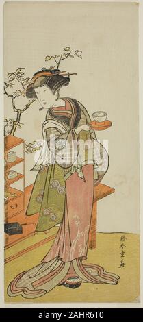 Shunsho Katsukawa. Der Schauspieler Nakamura Tomijuro ich als Kellnerin Otake im Spiel Chigo Suzuri Aoyagi Soga, durchgeführt an der Nakamura Theater im ersten Monat, 1777. 1772 - 1782. Japan. Farbe holzschnitt; hosoban Stockfoto