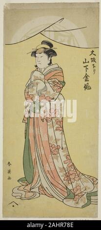 Katsukawa Shun'ei. Der Schauspieler Yamashita Kinsaku II als das Zimmermädchen Tsumagi im Spiel Otokyama O-Edo keine Ishizue, am Kiri Theater im elften Monat, 1794 durchgeführt. 1789 - 1799. Japan. Farbe holzschnitt; hosoban Stockfoto