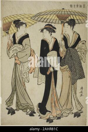 Torii Kiyonaga. Unter Regenschirmen in einer Dusche, aus der Serie einen Brocade der Östlichen Manieren (Fuzoku Azuma keine Nishiki). 1778 - 1789. Japan. Farbe holzschnitt; Oban Stockfoto