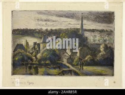 Camille Pissarro. Kirche und Farm in Cergy. 1895. Frankreich. Ätzen und kaltnadelradierung in Schwarz, mit Pastell-, Auf festem Bütten Stockfoto