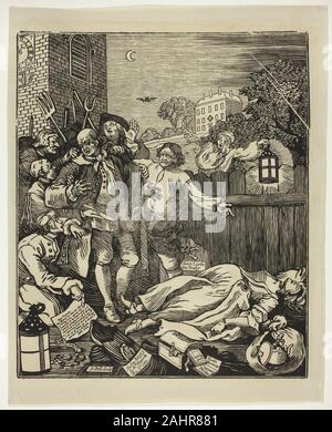 William Hogarth. Grausamkeit in Perfektion. 1750. England. Holzschnitt mit Hochdruck in Schwarz auf Elfenbein Bütten Hogarth häufig einen episodischen Format, das verwendet wird, um den Abstieg in eine unangenehme Charakter in Ausschweifungen darzustellen und den 4-Serie drucken vier Stufen der Grausamkeit verfügt über die meisten sadistischen Bösewicht des Künstlers, Tom Nero. Nach dem Imprägnieren einer Dame maid und überzeugen Sie von ihrer Herrin zu stehlen und weg mit ihm, er Morde ihr. In John Bell's großen holzschnitt nach Hogarth, Nero ist wie der tote Körper seines Geliebten festgenommen wird entdeckt. Stockfoto