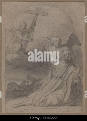 Gerrit van Honthorst. Christus am Ölberg. 1615 - 1635. Niederlande. Schwarze Kreide, Pinsel in Grau waschen und Stift und Tinte, braun mit weißer Kreide verstärkt, mit Spuren von Graphit, auf grau-braun Bütten, mit einem Stift für die Übertragung eingeschnitten Stockfoto