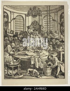 William Hogarth. Die Belohnung der Grausamkeit. 1750. England. Holzschnitt in Schwarz auf Elfenbein Bütten In der Abschluss der Serie drucken vier Stufen der Grausamkeit, die Leiche des Mörders Tom Nero ist in eine Anatomie Theater seziert. Zu diesem Zeitpunkt ist der Körper der Verbrecher waren die wichtigste Quelle von Leichen; hier Hogarth pointiert Links des Henkers Schlinge um den Hals des Nero. Der Hund nagt an einem weggeworfenen Orgel, vielleicht das Herz, bezieht sich auf die Figur unseemly Folter einen Hund in den ersten Ausdruck der Serie. Hogarth diese Arbeit in Auftrag gegeben und Grausamkeit in Perfektion in einem seltenen Beutezug in den Holzschnitt m Stockfoto