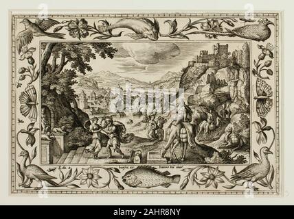 Adriaen Collaert, II. Rebecca und Elieser am Brunnen, von Landschaften mit Alten und Neuen Testament Szenen und Jagdszenen. 1584. Flandern. Gravur in Schwarz auf Creme Bütten, legte sich auf Creme Bütten Stockfoto