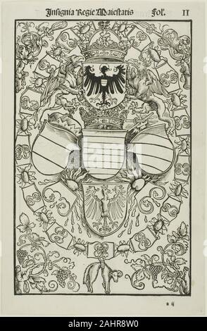 Albrecht Dürer. Wappen von Maximilian I. als König der Römer. 1517. Deutschland. Holzschnitt in Schwarz auf Elfenbein Bütten Dieses doppelseitige Buchillustration präsentiert die Heraldik der bald-zu-Heiligen Römischen Kaiser Maximilian, Albrecht Dürers Patron. Die Kette der stilisierten Feuersteine und Brände mit einem baumelnden Schaffell bezeichnet die Mitgliedschaft des Kaisers in den überaus angesehenen Orden vom Goldenen Vlies, während die zentrale Adler und greife in seine verschiedenen Gebiete beziehen. Der Schirm der Autor Florian Waldauff erscheint auf dem Verso, in einem Holzschnitt von Dürer auch nicht. Offensichtlich die Rect Stockfoto