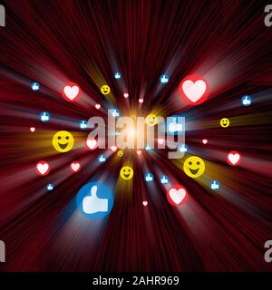 Social Media Emojis Reisen durch rötlich Cyberspace Stockfoto