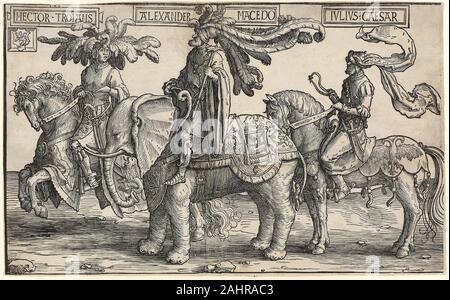 Lucas van Leyden. Hektor von Troja, Alexander von Makedonien, Julius Cäsar, von den neun Helden. 1515 - 1525. Niederlande. Holzschnitt in Schwarz auf zwei Blatt Papier sich vertikal in der Mitte Stockfoto
