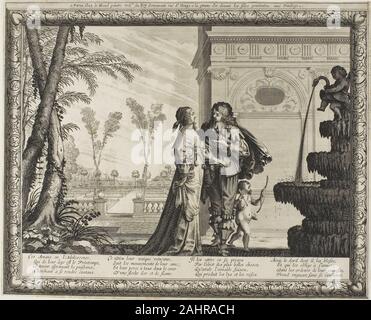 Abraham Bosse. Jugend, von den vier Zeitaltern des Menschen. 1622-1676. Frankreich. Radierung auf Papier Abraham Bosse moralisierend-Serie, die vier Altersstufen des Menschen, umfasst den Zyklus von Leben Kindheit, Jugend, Reife und Alter. Im vorliegenden Ätzen, zwei Frühjahr Naturliebhaber eine intime Garten tête-à-tête, die vor Herbst und Winter unweigerlich steigen. Als der dekorative Rahmen um die Szene zeigt, dass Amors Pfeile haben bereits ihre Herzen durchbohrt. Stockfoto