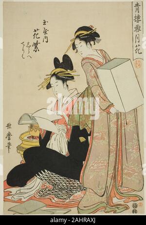 Kitagawa Utamaro. Hanamurasaki der Tamaya, (kamuro), Shirabe Teriha, Blumen aus der Serie Schnee, Mond und Blumen in Yoshiwara (Seiro setsugekka) (Tamaya uchi Hanamurasaki, Shirabe, Teriha). 1788 - 1798. Japan. Farbe holzschnitt; Oban Stockfoto