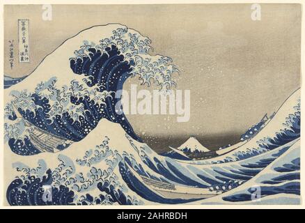 Katsushika Hokusai. Unter der Welle von Kanagawa (Kanagawa oki Nami ura), die auch als die große Welle, aus der Serie 36 Ansichten des Berges Fuji (Fugaku sanjurokkei) bekannt. 1826 - 1836. Japan. Farbe holzschnitt; Oban Katsushika Hokusai ist viel gefeierten Serie, 36 Blick auf Mount Fuji (Fugaku sanjûrokkei), war im Jahre 1830, wenn der Künstler 70 Jahre alt war, begonnen. Diese Tour-de-Force Series die Popularität der Landschaft Drucke, die bis heute andauert. Bemerkenswert ist vielleicht vor allem über die Reihe Hokusai's ist reichhaltig, Nutzung der neu erschwingliche Berlin blaues Pigment, in vielen Empfohlene Stockfoto