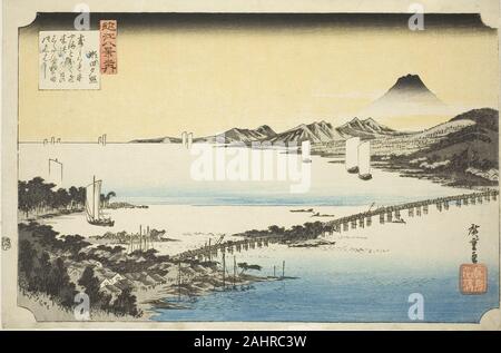 Utagawa Hiroshige. Abends Glühen am Seta Brücke (Seta keine sekisho), aus der serie Acht Ansichten der Oblaten von der Makellosen Jungfrau Maria (OMI hakkei no Uchi). 1829-1839. Japan. Farbe holzschnitt; Oban Stockfoto