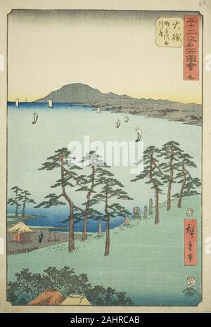 Utagawa Hiroshige. Oiso Saigyo's Hütte am Shigitatsu Marsh (Oiso, Shigitatsusawa Saigyoan), No. 9 Aus der Serie bekannte Sehenswürdigkeiten der 53 Stationen (Gojusan tsugi meisho zue), auch bekannt als der Vertikalen Tokaido. 1855. Japan. Farbe holzschnitt; Oban Stockfoto