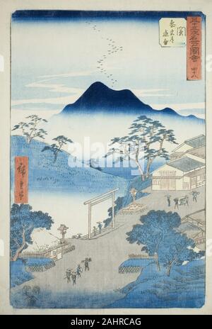 Utagawa Hiroshige. Seki Kreuzung Straße der Pilger zu Ise Schrein (Seki, Sangudo oiwake), No. 48 aus der Serie bekannten Sehenswürdigkeiten der 53 Stationen (Gojusan tsugi meisho zue), auch bekannt als der Vertikalen Tokaido. 1855. Japan. Farbe holzschnitt; Oban Stockfoto