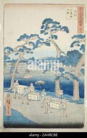 Utagawa Hiroshige. Shono antike Stätte des Shiratori Damm (Shono, Shiratorizuka koseki), No. 46 aus der Serie bekannten Sehenswürdigkeiten der 53 Stationen (Gojusan tsugi meisho zue), auch bekannt als der Vertikalen Tokaido. 1855. Japan. Farbe holzschnitt; Oban Stockfoto