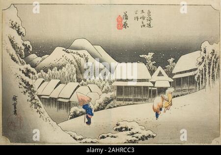 Utagawa Hiroshige. Kanbara Abend Schnee (Kanbara, yoru no Yuki), aus der serie Dreiundfünfzig Stationen des Tokaido (Tokaido gojusan tsugi no Uchi), auch bekannt als die Hoeido Tokaido. 1828 - 1839. Japan. Farbe holzschnitt; Oban Stockfoto