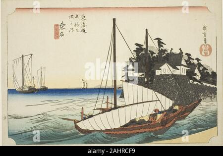 Utagawa Hiroshige. Kuwana die Landung der Shichiri Überfahrt mit der Fähre (Kuwana, Shichiri watashiguchi), aus der serie Dreiundfünfzig Stationen des Tokaido (Tokaido gojusan tsugi no Uchi), auch bekannt als die Hoeido Tokaido. 1828 - 1839. Japan. Farbe holzschnitt; Oban Stockfoto