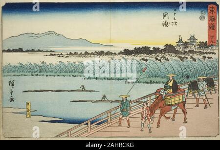 Utagawa Hiroshige. Okazaki Fluss Yahagi (Okazaki, Yahagigawa)-Nr. 39, aus der serie Dreiundfünfzig Stationen des Tokaido (Tokaido gojusan tsugi), auch als reisho Tokaido bekannt. 1842 - 1857. Japan. Farbe holzschnitt; Oban Stockfoto