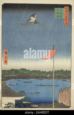 Utagawa Hiroshige. Komagata Hall und Azuma Brücke (Komagatado Azumabashi), aus der Serie 100 berühmten Ansichten von Edo (Meisho Edo hyakkei). 1857. Japan. Farbe holzschnitt; Oban Stockfoto