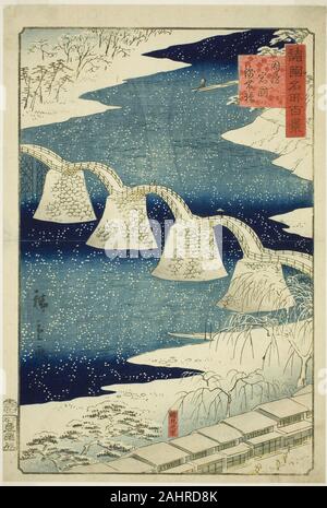 Utagawa Hiroshige II (shigenobu). Brücke an kintai Iwakuni in Suo Provinz (Suo Iwakuni Kintaibashi), aus der Serie 100 berühmten Ansichten in den verschiedenen Provinzen (Shokoku meisho hyakkei). 1859. Japan. Farbe holzschnitt; Oban Stockfoto