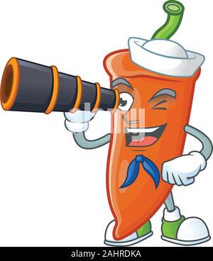 Bild von lächelnden happy Sailor orange Chili mit Fernglas Stock Vektor