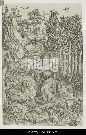 Meister des Heiligen Johannes des Täufers. St. Johannes der Täufer in der Wüste. 1445 - 1455. Deutschland. Gravur in Schwarz, mit Feder und Tinte, auf Elfenbein Bütten Stockfoto