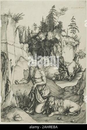 Albrecht Dürer. St. Jerome Büßer in der Wüste. 1492 - 1502. Deutschland. Gravur in Schwarz auf Creme Bütten Stockfoto