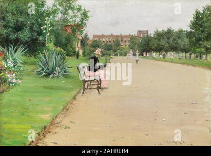 William Merritt Chase. Einen Stadtpark. 1887. In den Vereinigten Staaten. Öl auf Leinwand William Merritt Chase war einer der einflussreichsten Maler in den Vereinigten Staaten an der Wende des 20. Jahrhunderts. Nach einem längeren Aufenthalt in Europa, der beendet wurde, als er sein Studio in New York City im Jahre 1878 gegründet, Chase demonstrierte seine außergewöhnliche Vielseitigkeit, Portraits, Landschaften, Stillleben und Genreszenen. Seine Kraft als Künstler wurde durch seine lange und erfolgreiche Karriere als Lehrer seinen Unterricht an der Art Students League in New York und die Shinnecock Hills Summer School auf Long Island attr erreicht Stockfoto